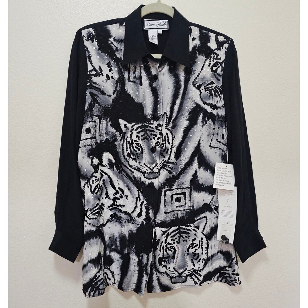 Diane Gilman NWT Vintage Sm Silk 100% Tiger W sequins accents Black n White